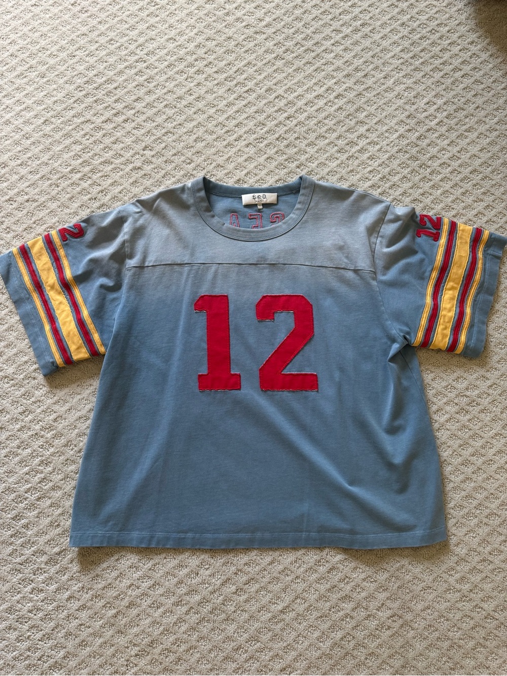 Sea New York Light Blue Jersey Tee with Red '12' and Yellow Stripe Sleeves
